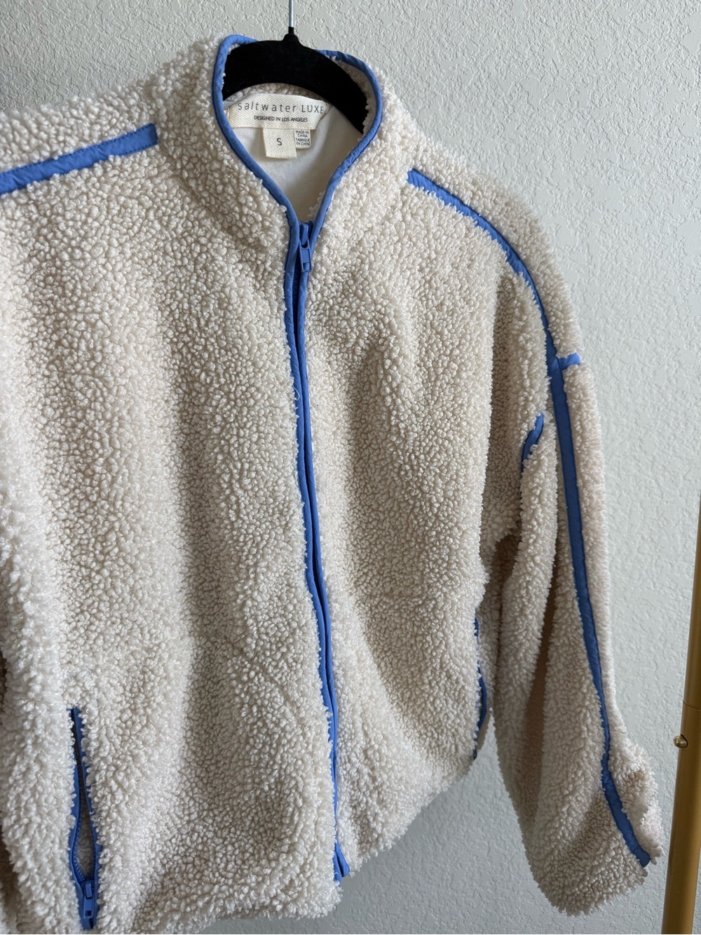 saltwater LUXE Cream Sherpa Jacket with Blue Trim